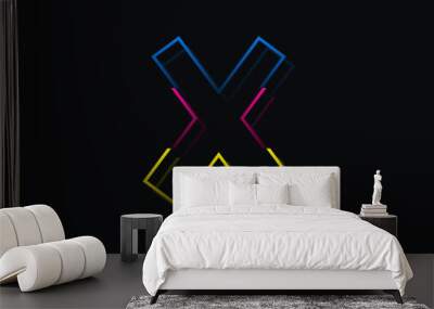 X letter font, vector desing logo.Dynamic, split-color, blue, pink, yellow on black background. Eps10 illustration Wall mural