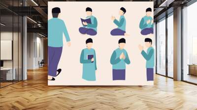 Set of muslim men. Islamic people wearing traditional. Muslim male characters. Colored flat vector illustration isolated on white background Wall mural