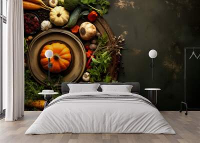 Flat lay composition of autumn harvest pottery and copy space. Rustic stoneware with fall decor. Background with pumpkins and herbs. Wabi sabi pottery inspiration. Food blog concept Wall mural