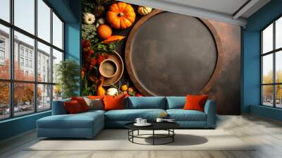 Flat lay composition of autumn harvest pottery and copy space. Rustic stoneware with fall decor. Background with pumpkins and herbs. Wabi sabi pottery inspiration. Food blog concept Wall mural