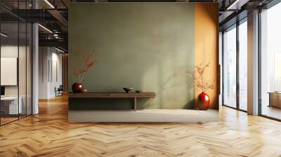 Japandi, minimalist interior design of modern living room. Neutral sage wall with neutral wooden furniture and accent pottery Wall mural