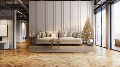 Modern and classic styles inspired living room with wood panneling and Christmas decor. Christmas tree and holiday decor.  Wall mural