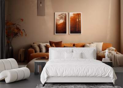 Scandinavian scandi modern minimalist cozy living room interior with fall decor. Neutral walls and couch with orange pillows Wall mural