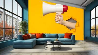 Woman holding megaphone in paper torn hole in yellow background with copy space. Wall mural