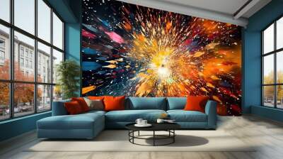 A bright, abstract background featuring exploding digital particles, shot with a fisheye lens under artificial light, using a high contrast film for a striking, energetic feel - Generative ai Wall mural