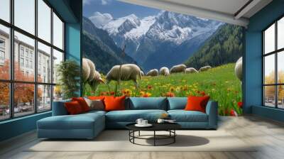 A herd of sheep grazes on green wild meadow  surrounded by mountains Wall mural