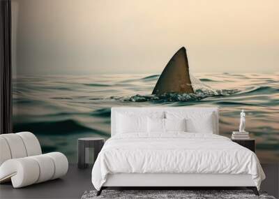 A lone shark fin cuts through the tranquil surface of the ocean in a serene yet eerie natural scene Wall mural