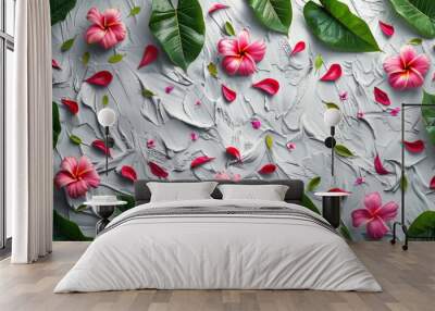 A pattern of small green banana leaves interspersed with vibrant pink tropical flowers on a soft grey surface, providing a lively yet minimalistic tropical background with large negative space Wall mural