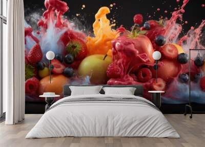 Amazing juicy fresh food explosion on black background. Wall mural