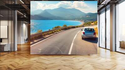 car driving on the summer road near ocean side. vacation sunny road car concept. banner Wall mural