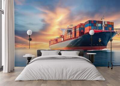 Container ship sailing in ocean. Wall mural