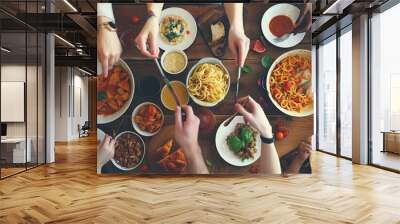 Detail of group people eating home made pasta Wall mural