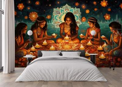 Diwali lights celebration background, hindu festival, india, diya lamp Wall mural