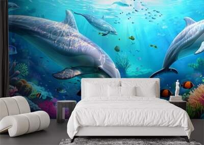 Dolphin in the water illustration, Beautiful, summer vibe, beach, ocean, sea, fish, background Wall mural