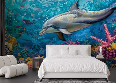 Dolphin in the water illustration, Beautiful, summer vibe, beach, ocean, sea, fish, background Wall mural