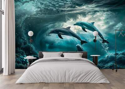 Dolphin in the water illustration, Beautiful, summer vibe, beach, ocean, sea, fish, background Wall mural