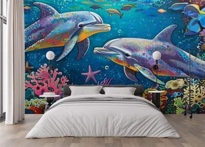 Dolphin in the water illustration, Beautiful, summer vibe, beach, ocean, sea, fish, background Wall mural