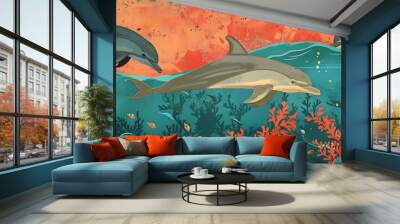 Dolphin in the water illustration, Beautiful, summer vibe, beach, ocean, sea, fish, background Wall mural