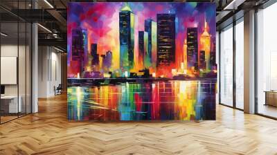 Dynamic splashes of neon magenta, electric blue, and lime green, conveying the electric pulse and vibrancy of a city skyline illuminated at night Wall mural