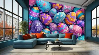 Easter holiday background wallpaper, bunny, colorful eggs pattern, colored egg, banner design, card poster Wall mural