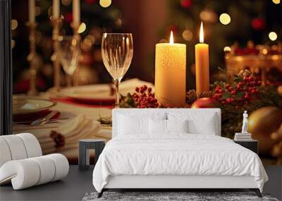 Elegant Christmas table setting with candles, holly, and golden cutlery, emphasizing festive elegance Wall mural