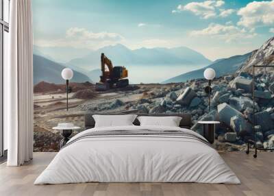 excavator loads heavy stone at rocks construction site. Wall mural