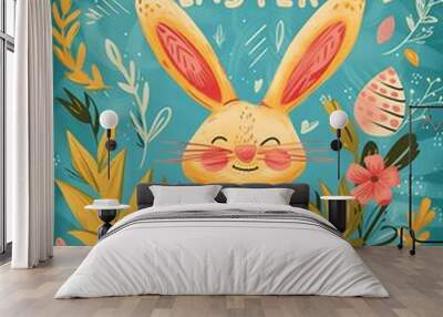 Happy Easter greetings card, cute bunny with colorful eggs poster, background wallpaper, colorful illustration, flowers Wall mural