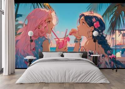 Lofi Girls drinking cocktail on a beach bar, anime illustration background design, Generative AI Wall mural