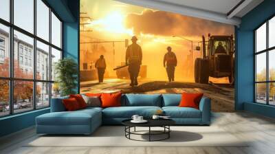 road construction workers in golden hour in sunset light. road machinery theme Wall mural