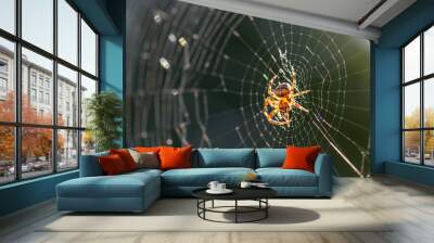 Spider in web with  the sun behind it Wall mural