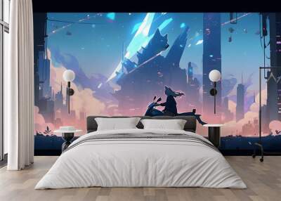 Synthwave anime manga girl, lofi bacground wallpaper design Wall mural