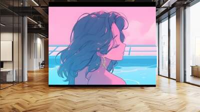 Synthwave anime manga girl, lofi bacground wallpaper design Wall mural