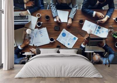 Top view  of creative people sitting at a big table and working together on some interesting project Wall mural