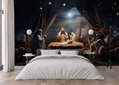 Traditional nativity scene set against a starlit night, capturing the spiritual essence of Christmas Wall mural