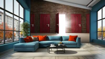 View of a room with wooden walls and tiled floor. Five red doors with white handles, one door is open. Bright white light shines through them. Concept of choice, difficult decision, career opportunity Wall mural