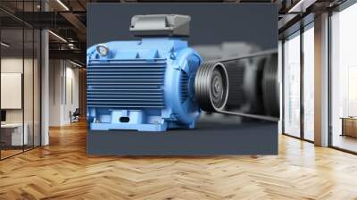 Electric motors connected by a belt drive on a dark background. Close-up, shallow depth of field. 3d illustration Wall mural