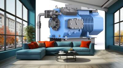 Reciprocating refrigeration compressor. Blue industrial machine with pipes and radiator. 3d illustration Wall mural