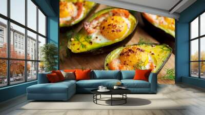 Baked eggs in avocado with smoked salmon Wall mural