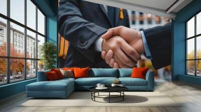 Close-up of two business professionals shaking hands, symbolizing agreement, partnership, and successful collaboration in a corporate setting Wall mural