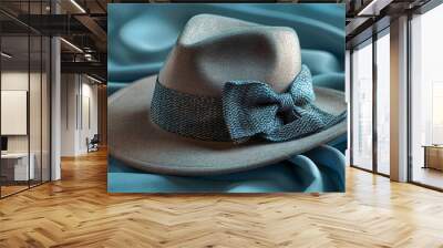 Elegant fedora hat with a patterned bow resting on a silky blue fabric, conveying a stylish, sophisticated, and classic fashion accessory Wall mural