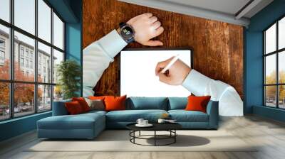 business person writing drawing taking notes on pro tablet with tablet pencil Wall mural