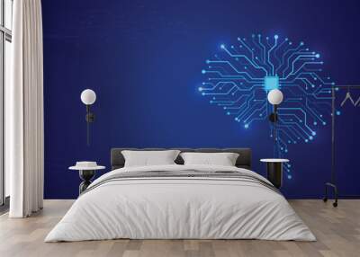 Vector printed circuit board human brain. Blue futuristic illustration of cpu in the center of computer system. Concept of artificial intelligence Wall mural