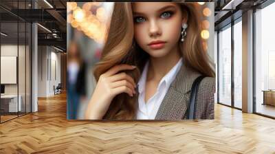 A beautiful young woman with long hair and a blazer, wearing elegant clothes and having colorful eyes. Wall mural