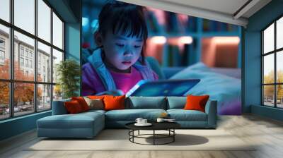 A child reading an interactive digital book on a tablet, sitting in a tech-friendly space with bright LED lighting Wall mural