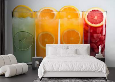 Glasses with juice and fruits on a white background. High-resolution Wall mural