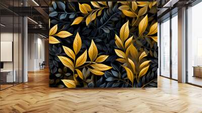 Gold graphic illustration leaves in the forest on black background seamless pattern. High quality Wall mural