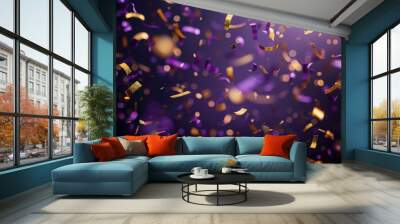 Purple and gold confetti explosion on dark background celebration festivity and glamour Wall mural