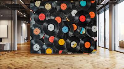 Top view of a pile of many vintage vinyl records background. High quality Wall mural