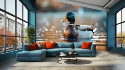 Vibrant mallard duck swimming in peaceful lake with autumn reflections Wall mural