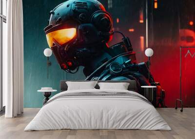 A futuristic soldier with a helmet in the night Wall mural